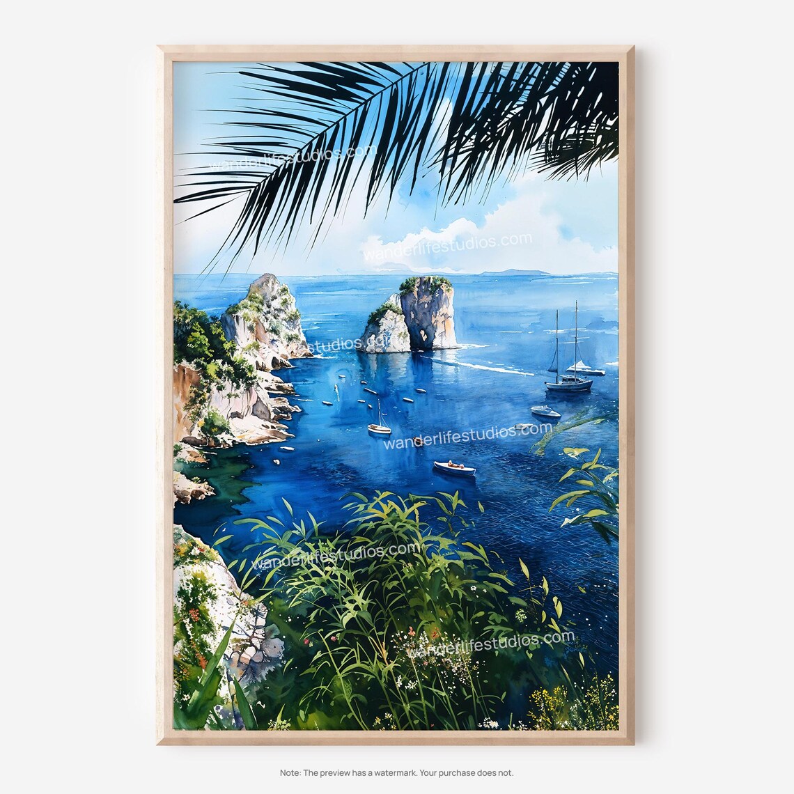 Capri Italy Faraglioni Rocks Blue Bay Boats Watercolor Poster