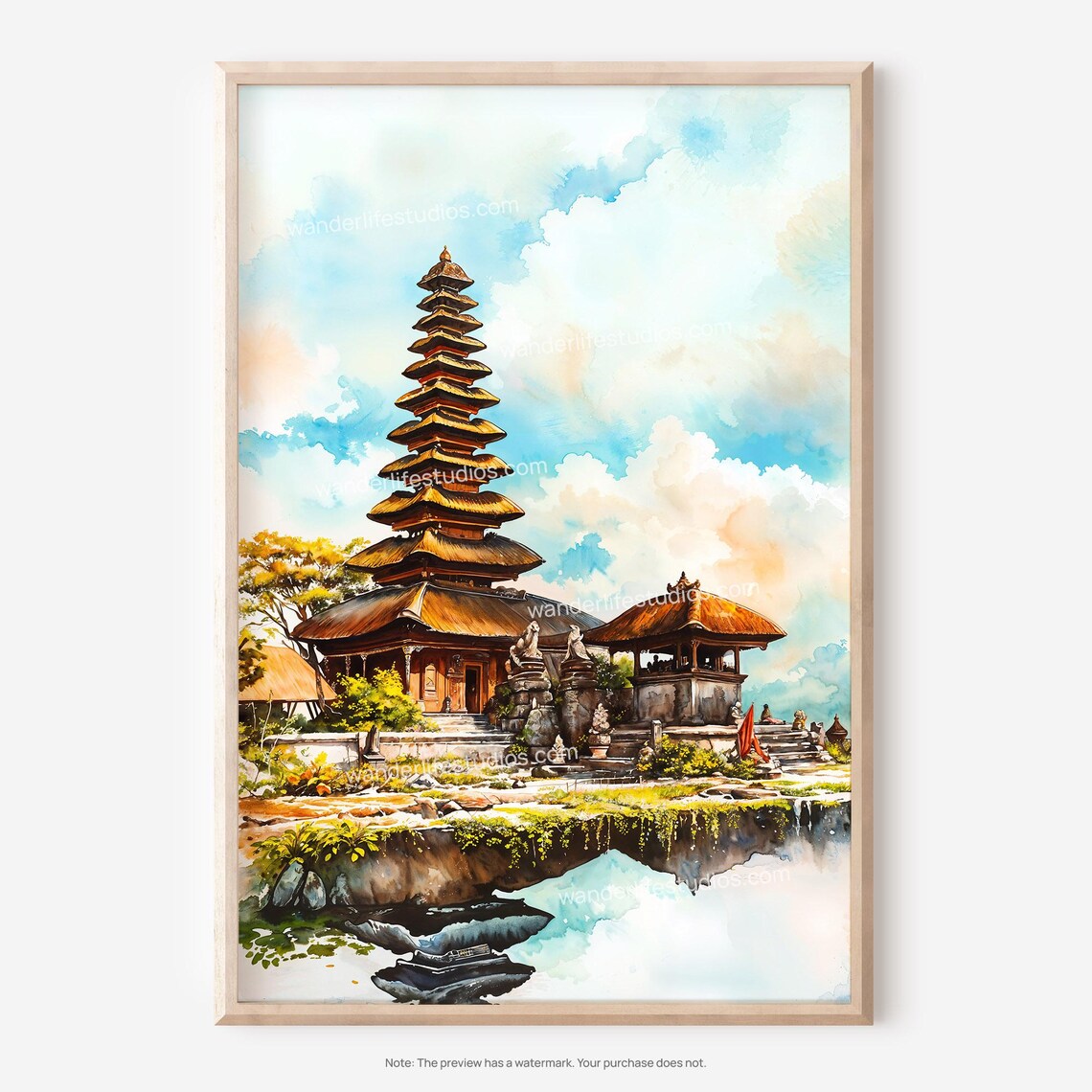 Ulun Danu Bratan Temple Bali Watercolor Lake Reflection Poster