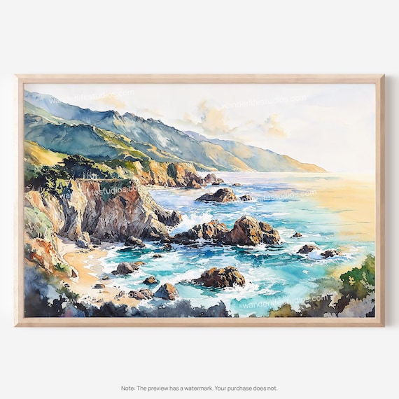 Big Sur Rocky Coastline Ocean Cliffs Watercolor Coastal Art Poster