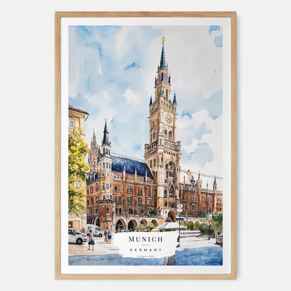 Munich Germany Marienplatz New Town Hall Watercolor Travel Poster