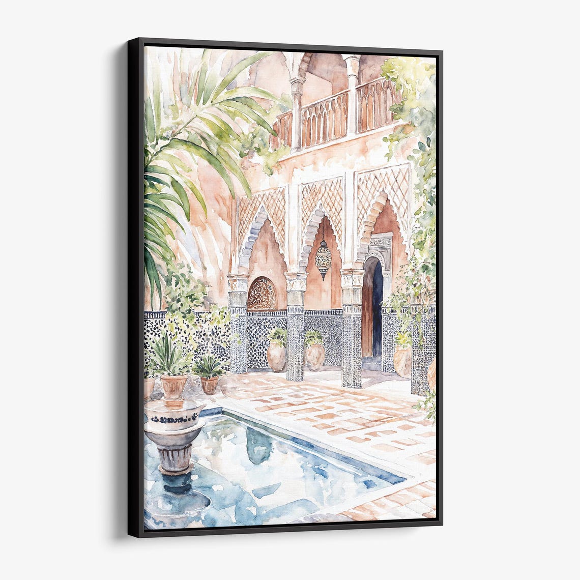Marrakesh Morocco Tile Courtyard Watercolor Moorish Arch Poster