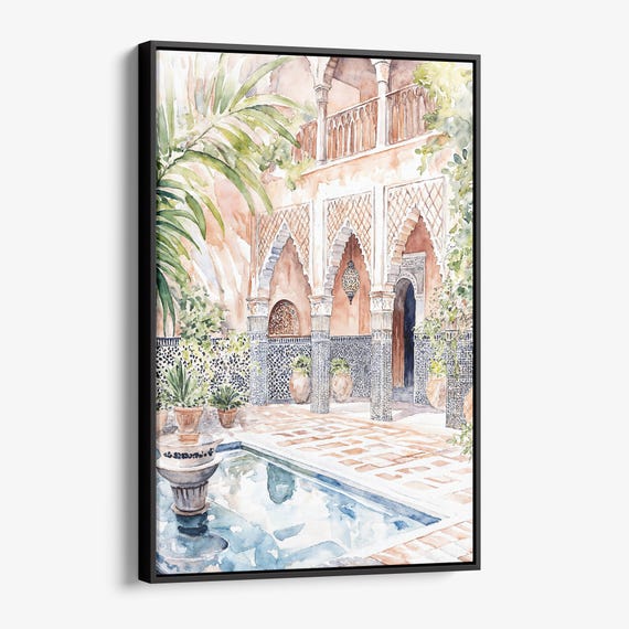 Marrakesh Morocco Backyard Canvas Print Watercolor Wall Art
