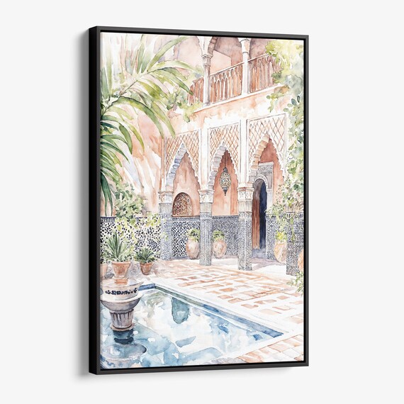 Marrakesh Morocco Tile Courtyard Watercolor Moorish Arch Poster