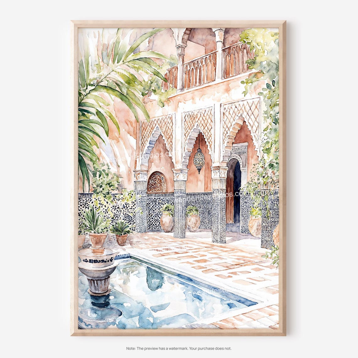 Marrakesh Riad Courtyard Moroccan Arches Watercolor Art Poster