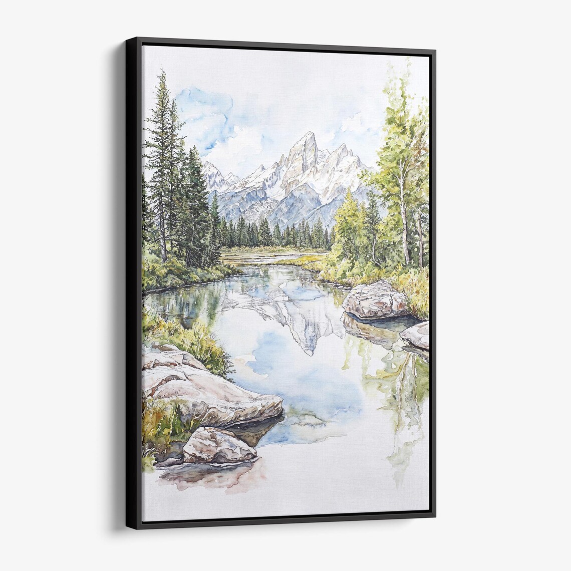Grand Teton National Park Watercolor Mountain Lake Reflection Wall Art