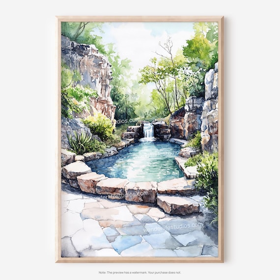Hot Springs Natural Thermal Pool Watercolor Landscape Poster