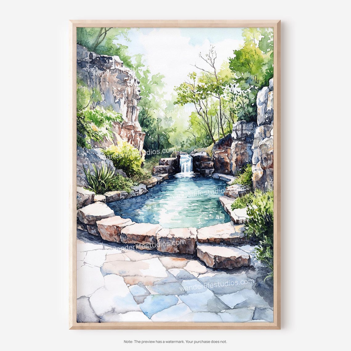 Hot Springs Natural Thermal Pool Watercolor Landscape Poster