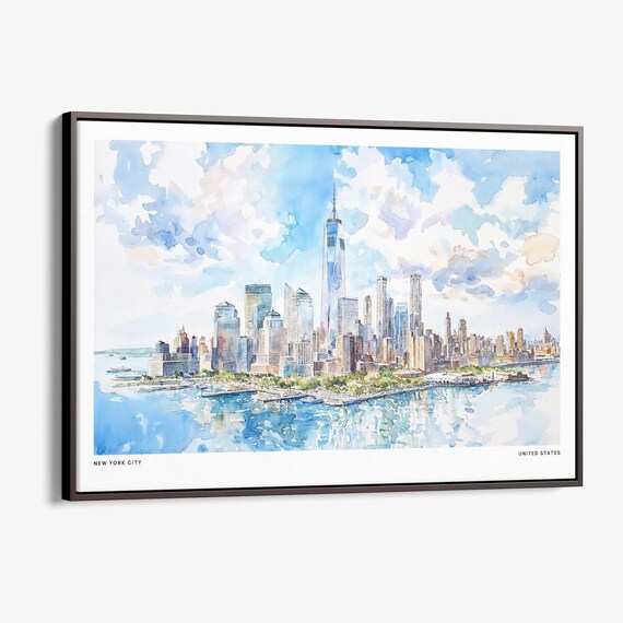 New York City Skyline Canvas Print Framed Watercolor Cityscape Art