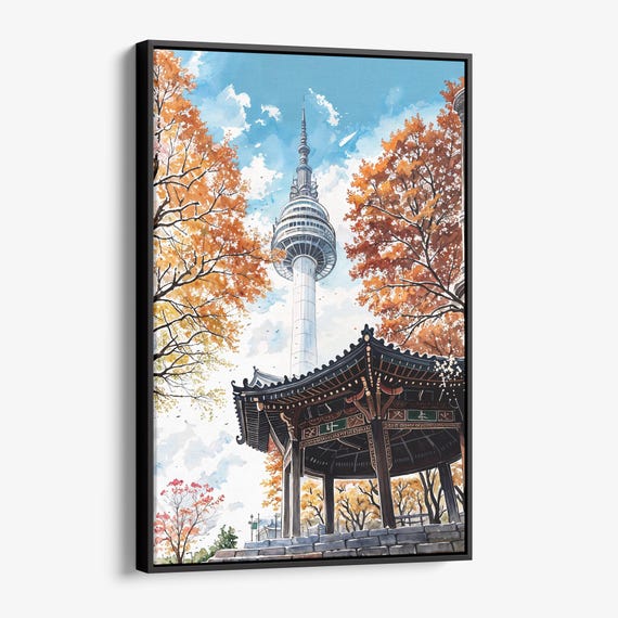 Seoul N Tower Canvas Print Watercolor Autumn Scene Wall Art