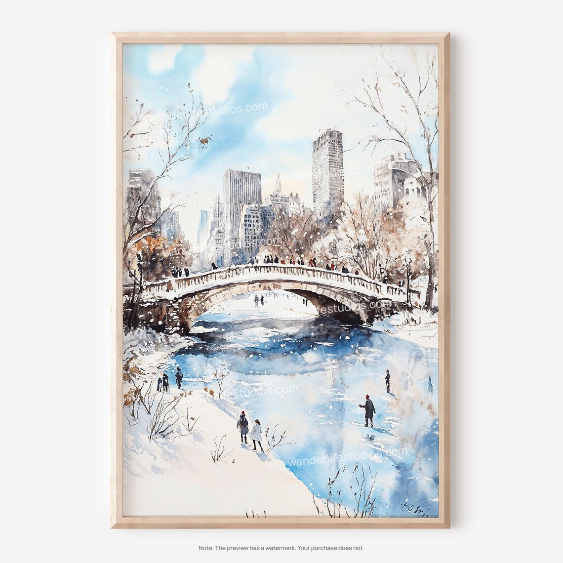 Central Park Bow Bridge Winter Snow New York Watercolor Painting Poster