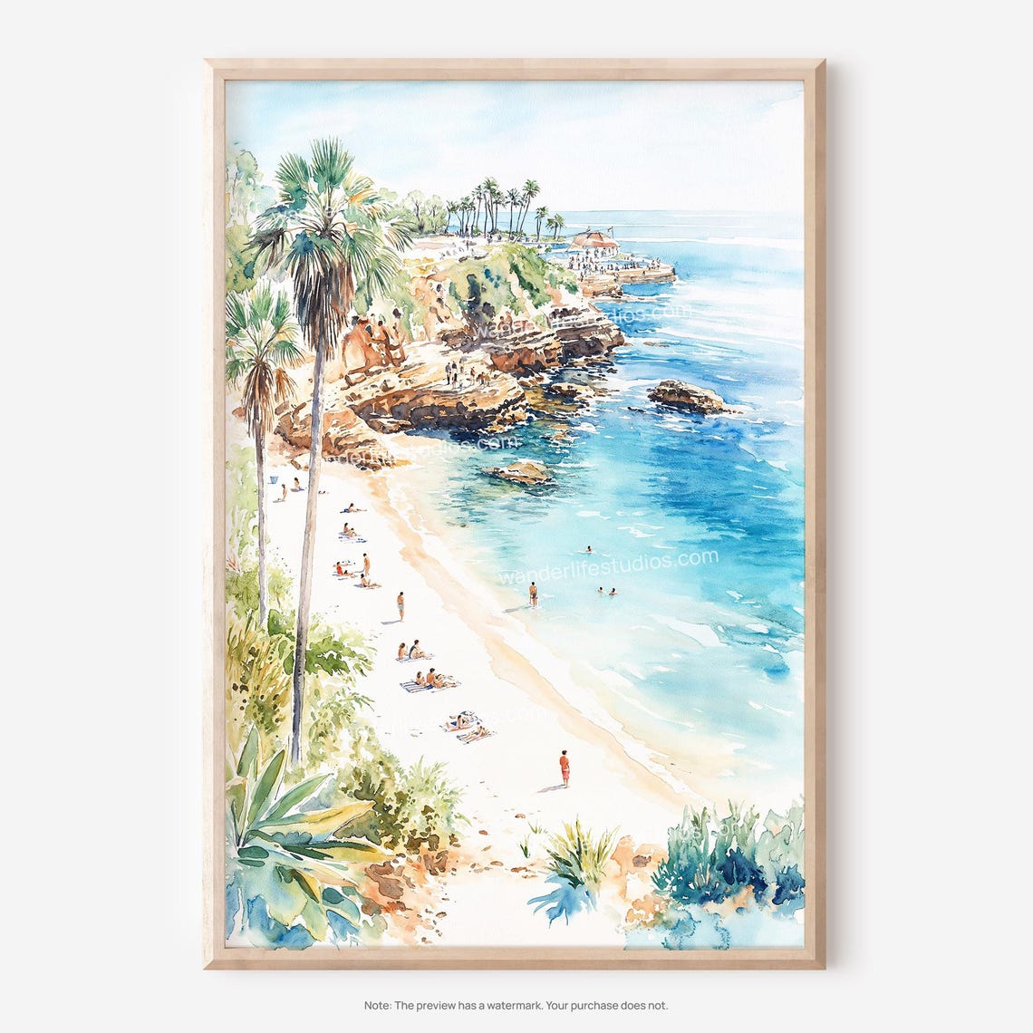 La Jolla Cove Watercolor Rocky Coastline Palms Beach Decor Poster