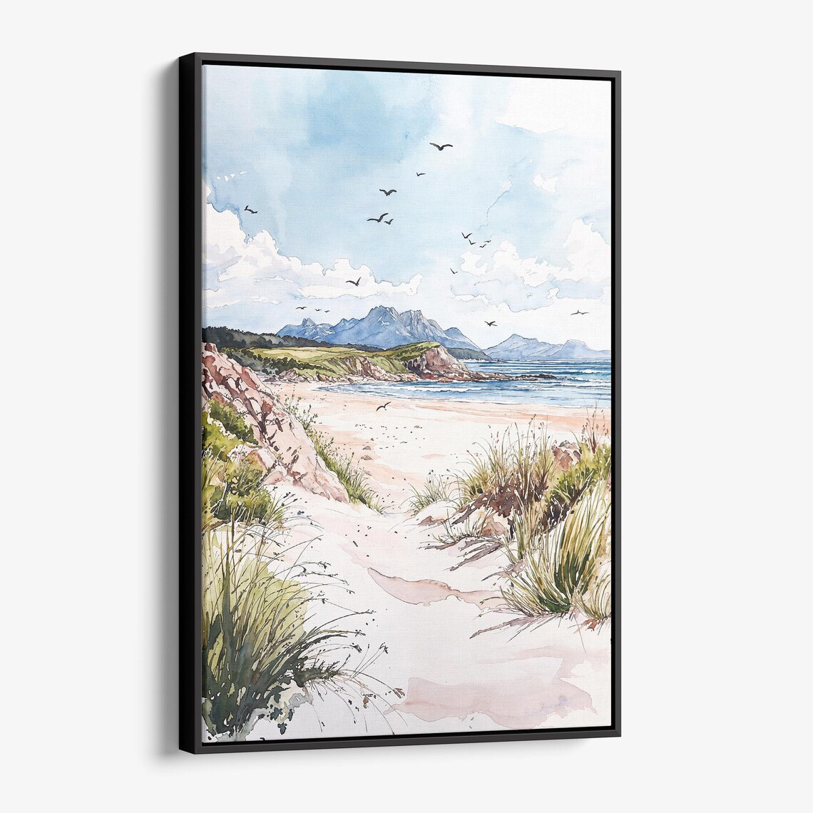 Donegal Ireland Coastal Watercolor Beach Dunes Seagulls Poster