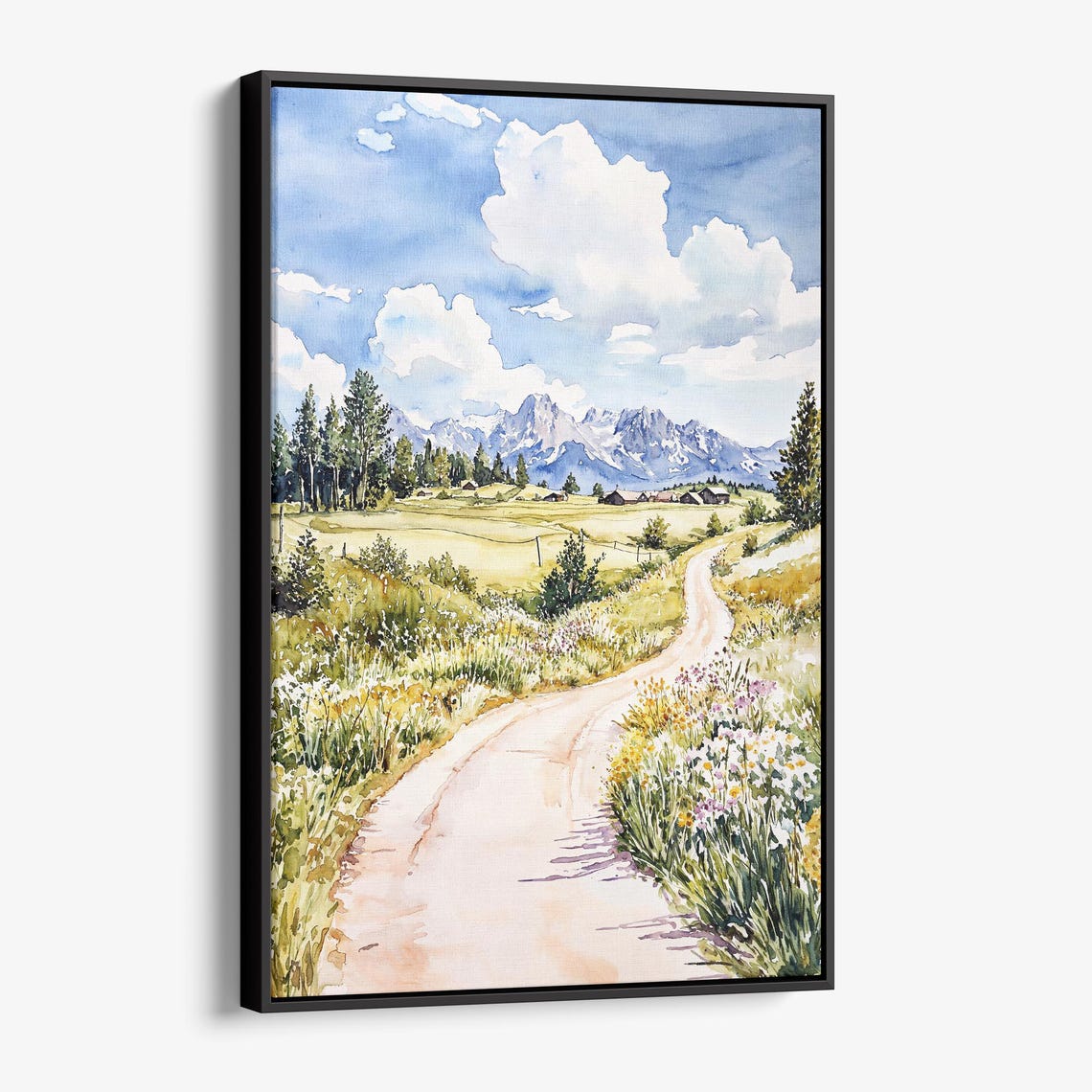Mountain Valley Dirt Road Wildflowers Watercolor Landscape Poster