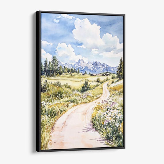 Jackson Hole Watercolor Canvas Print Mountain Landscape Wall Art For Your Home