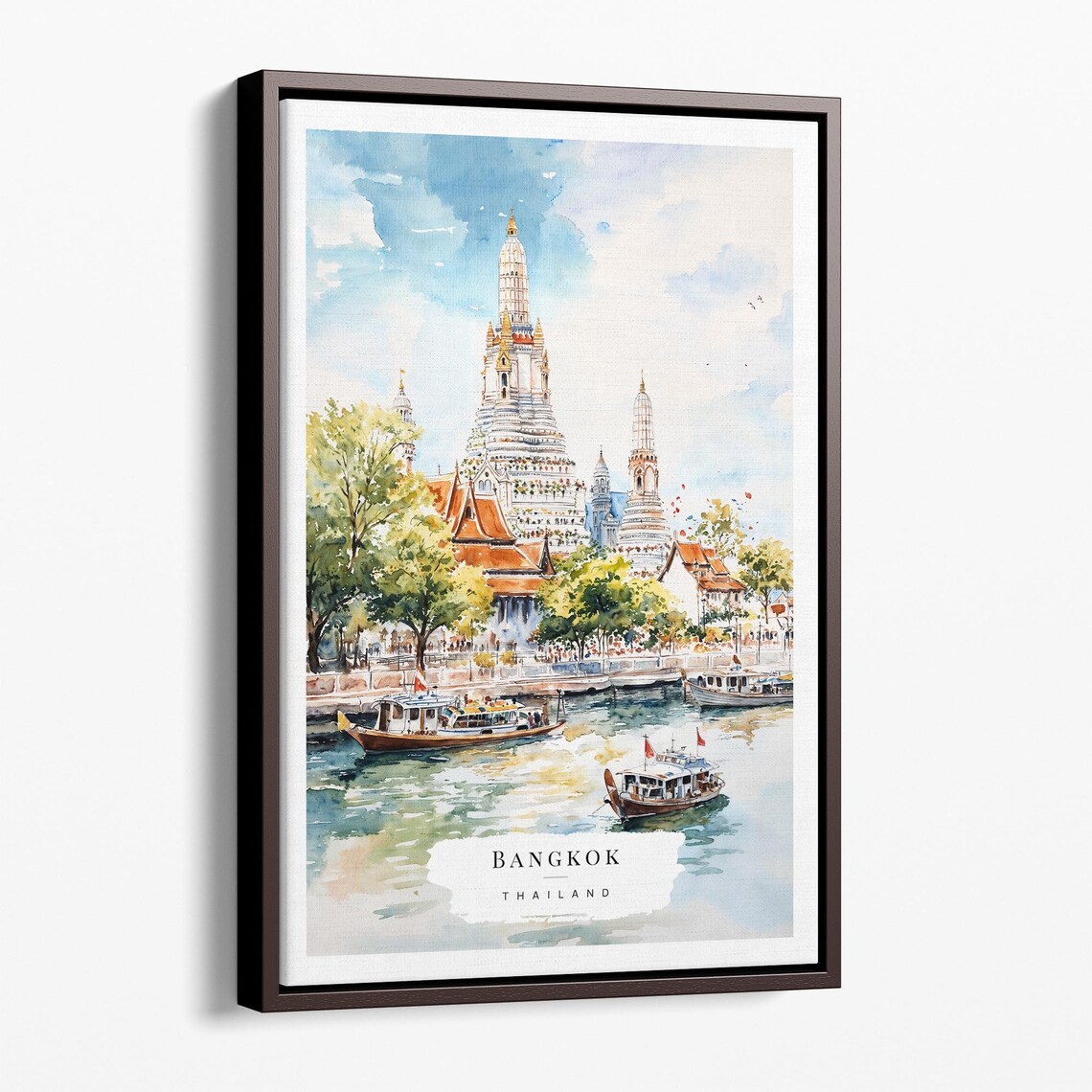 Bangkok Wat Arun Temple Watercolor Riverside City Travel Poster