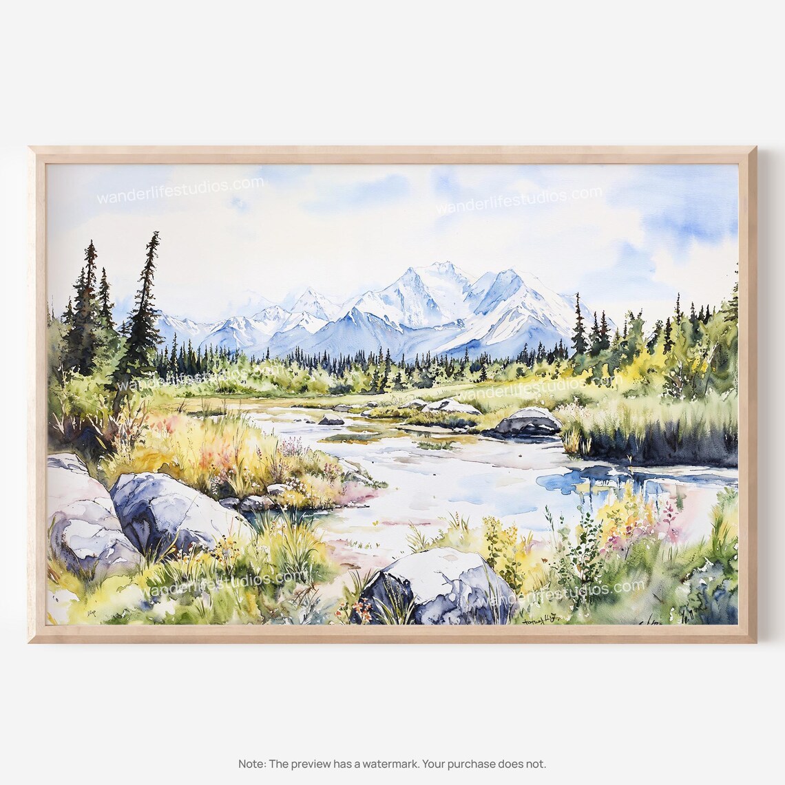 Snowy Mountain Creek Meadow Pines Watercolor Landscape Art Poster