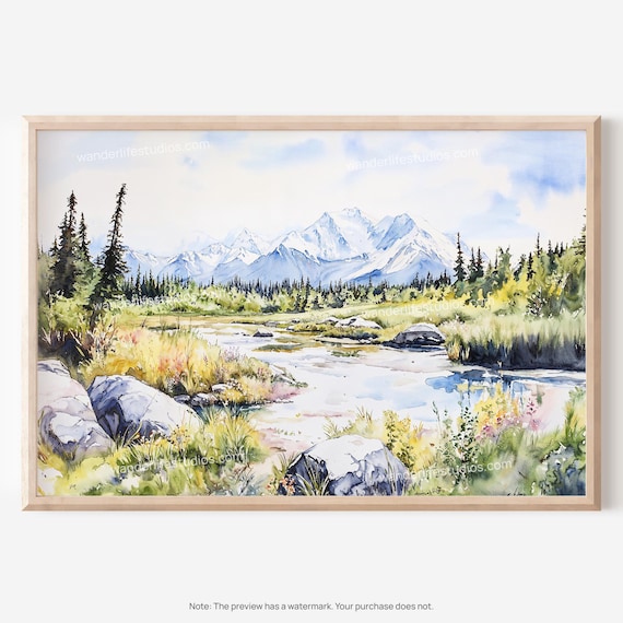 Snowy Mountain Creek Meadow Pines Watercolor Landscape Art Poster