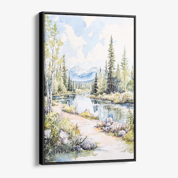 Fairbanks Alaska River Pines Snowy Mountain Watercolor Poster