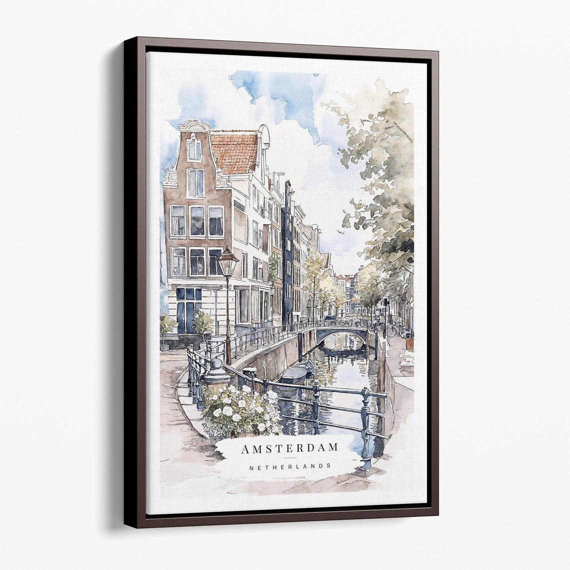Amsterdam Netherlands Canal Watercolor Historic Bridge Poster