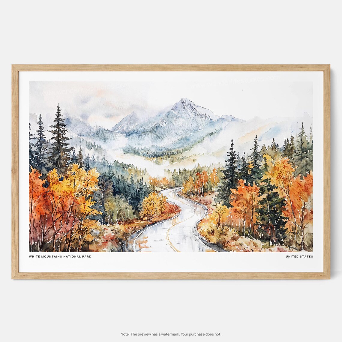 White Mountains National Park Watercolor Art Print, Autumn Landscape
