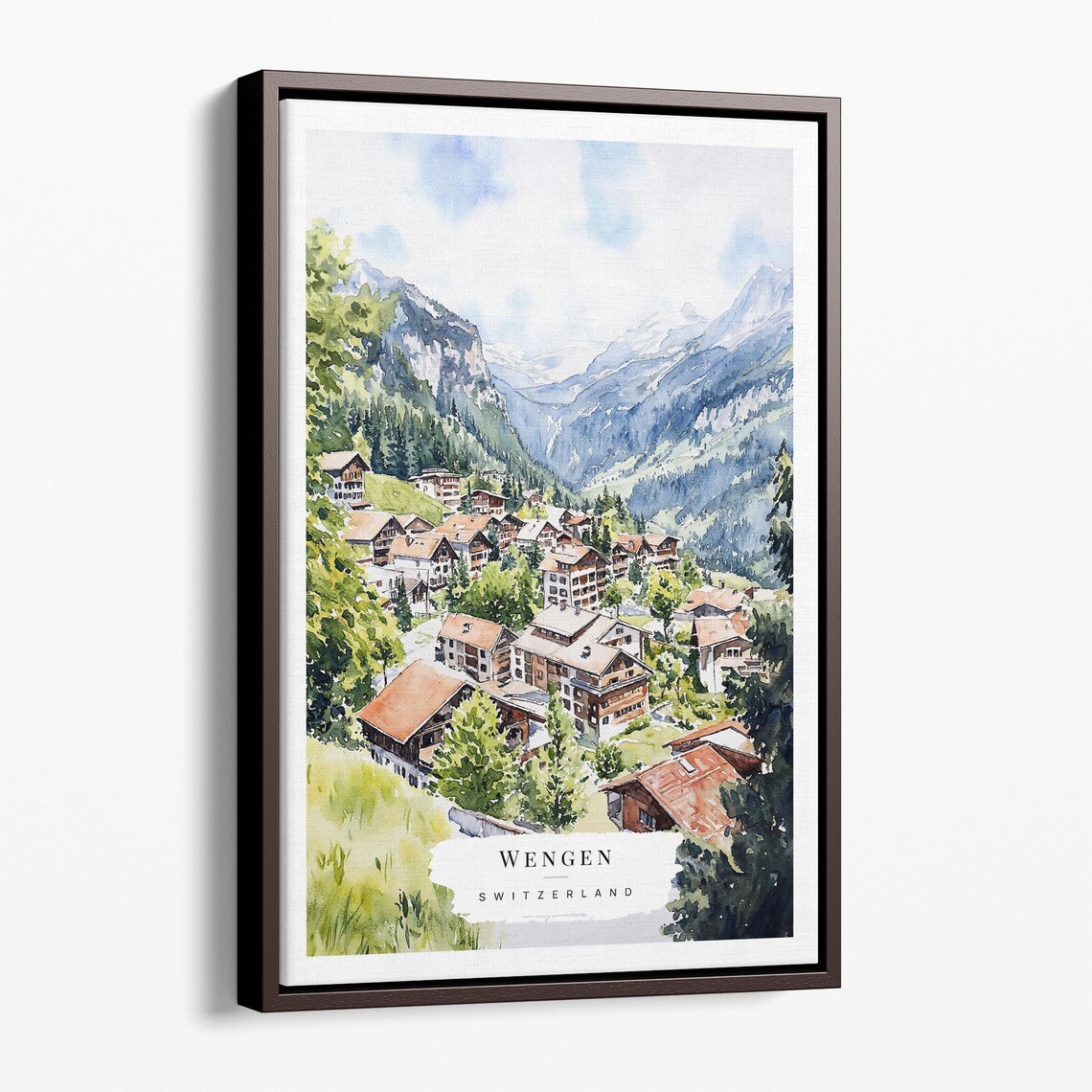 Wengen Switzerland Charming Alpine Village Watercolor Poster