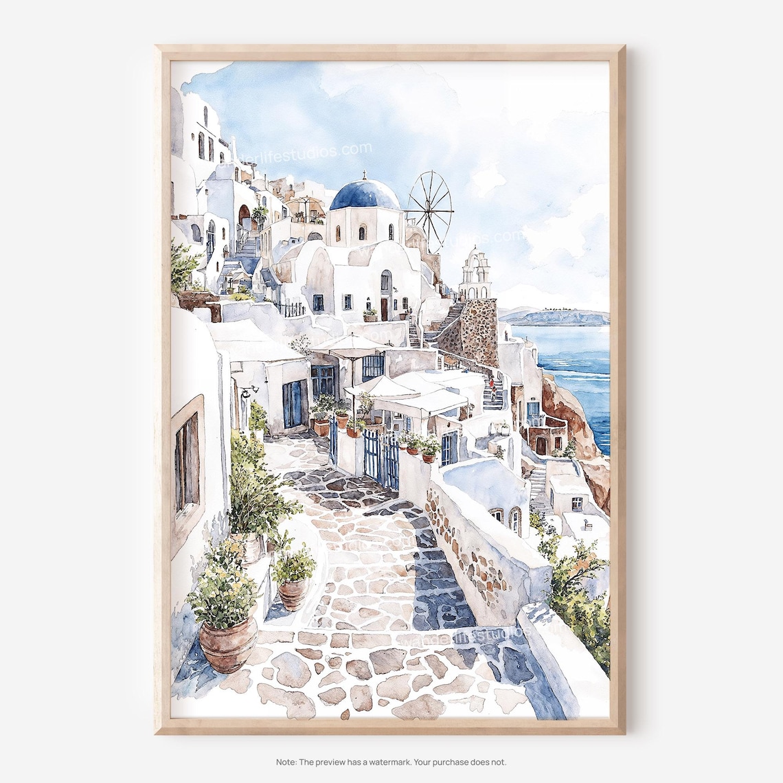 Santorini Blue Dome Whitewashed Hillside Village Watercolor Poster