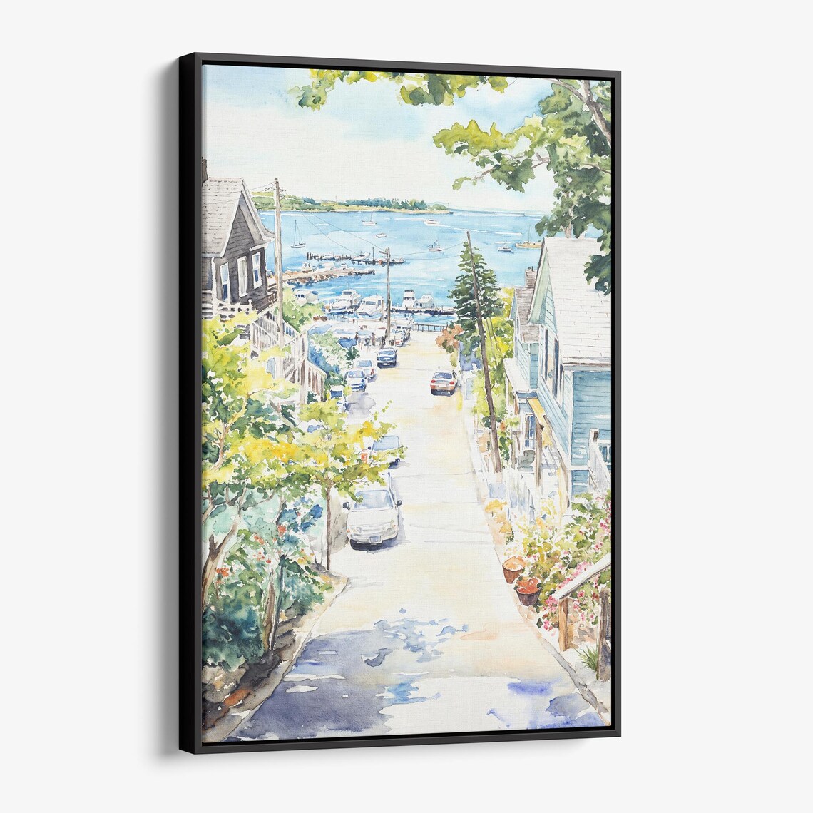 Coastal Harbor Street Watercolor Seaside Boats Town Scene Poster