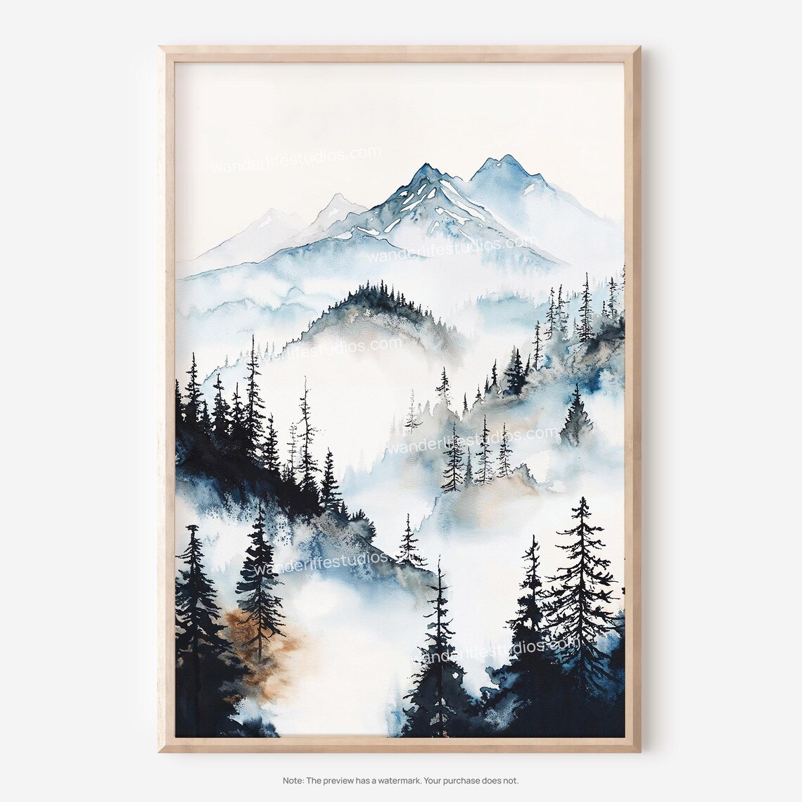 Misty Blue Mountain Pines Watercolor Forest Fog Landscape Poster