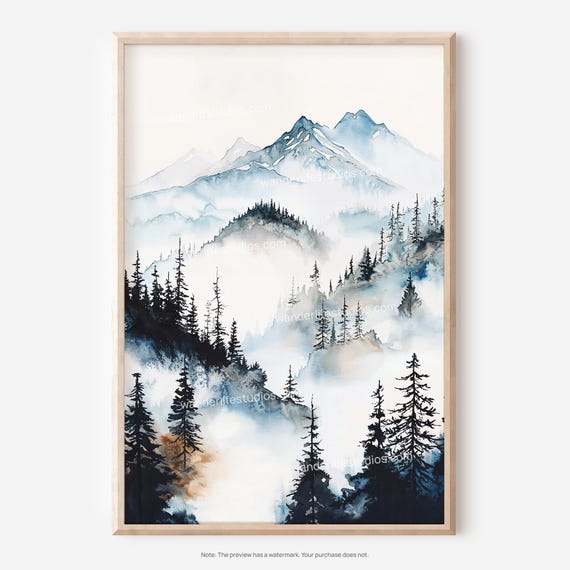 Pacific Northwest Wall Art Watercolor Mountain Landscape