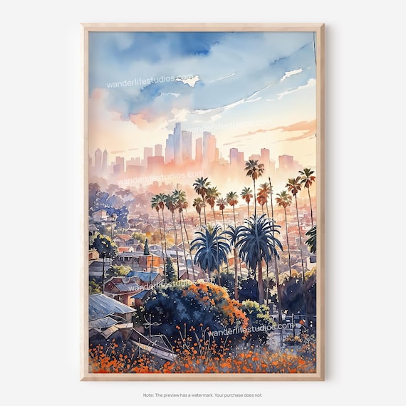 Los Angeles Skyline Wall Art Watercolor Style Print