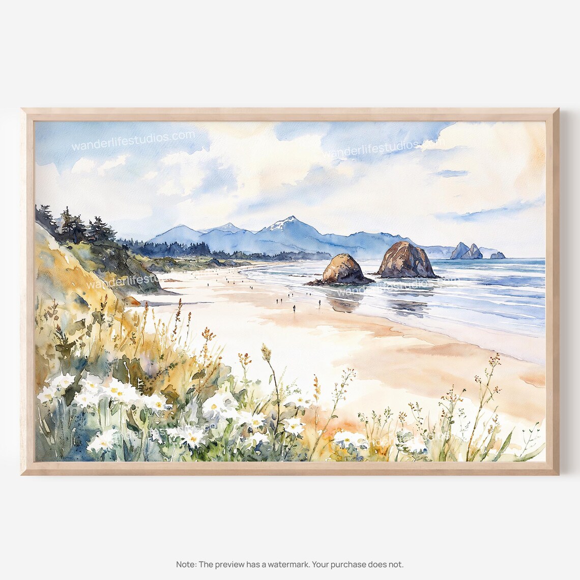 Watercolor Beach Painting Sea Stacks Wildflowers Coastal Poster