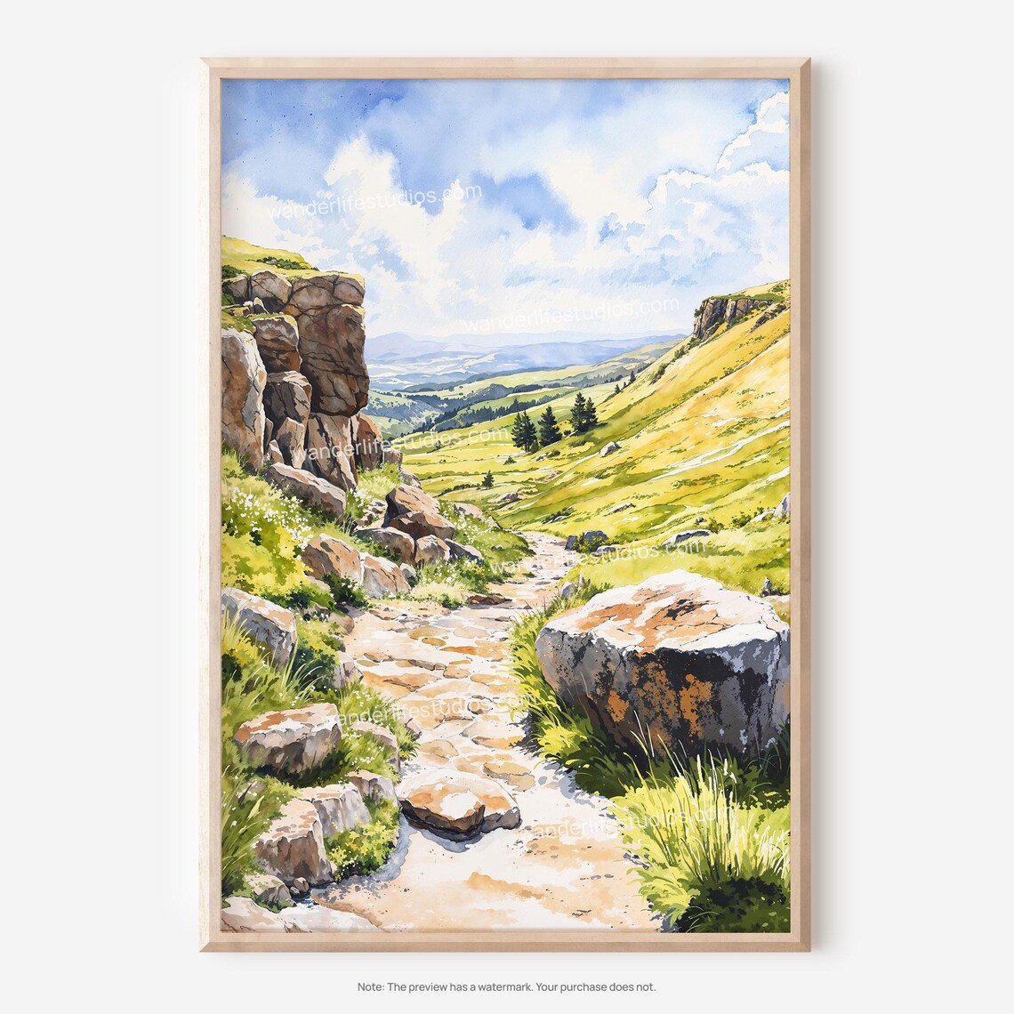 Peak District England Rocky Valley Watercolor Landscape Poster