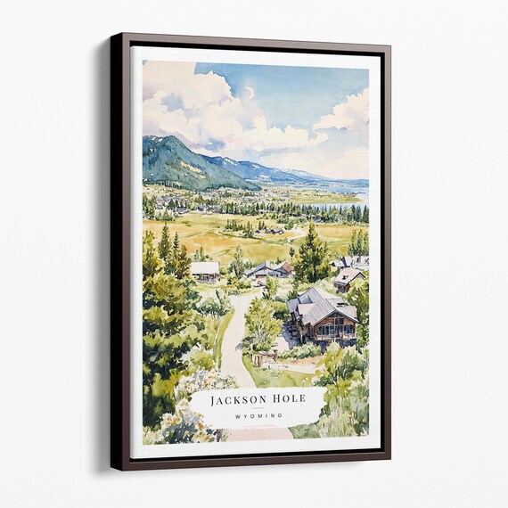 Jackson Hole Wyoming Watercolor Valley Cabins Mountain View Poster