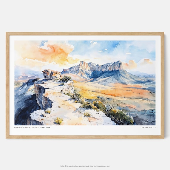Guadalupe Mountains National Park Watercolor Desert Sunset Poster
