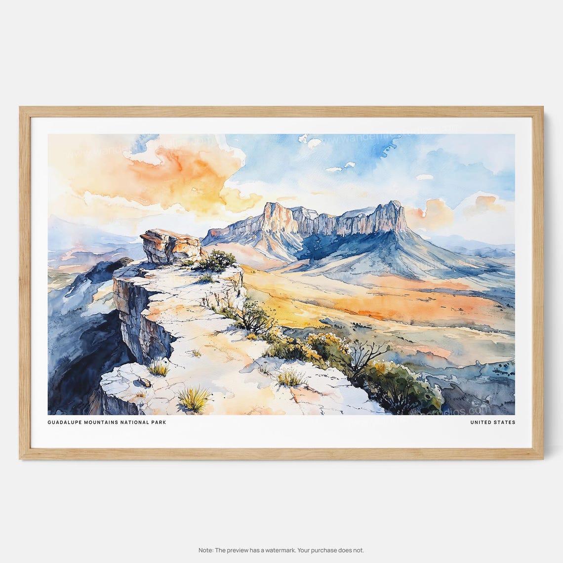 Guadalupe Mountains National Park Watercolor Desert Sunset Poster