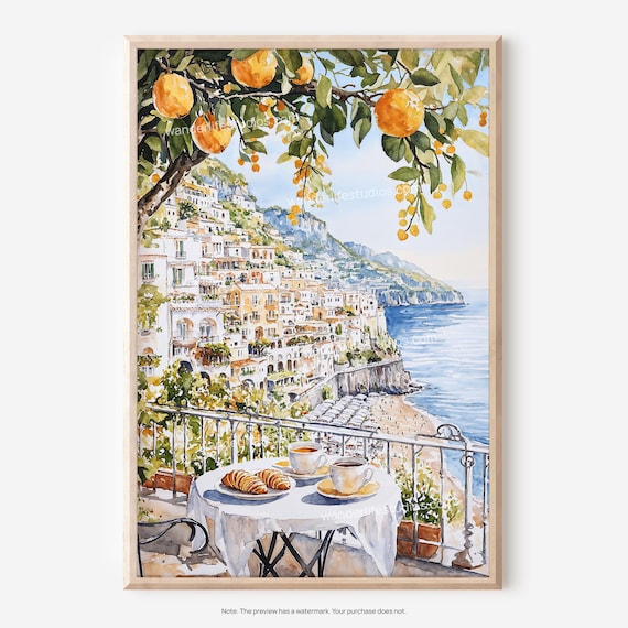 Amalfi Coast Balcony Breakfast Lemons Cliffs Watercolor Poster