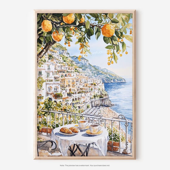 Whimsical Amalfi Coast Watercolor Art Morning Coffee Balcony Scene As