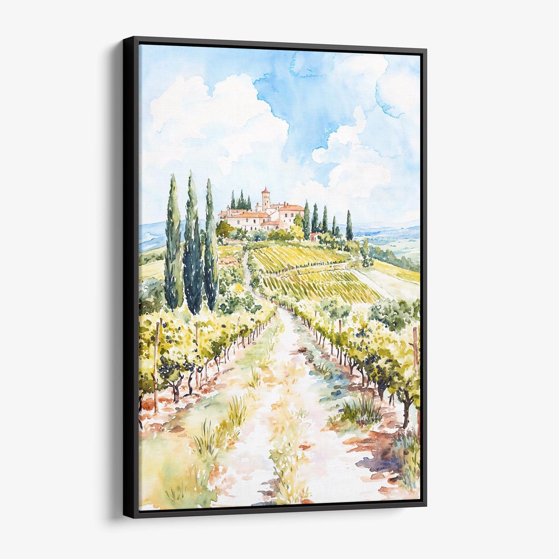 Tuscan Vineyard Cypress Trees Hilltop Villa Watercolor Poster