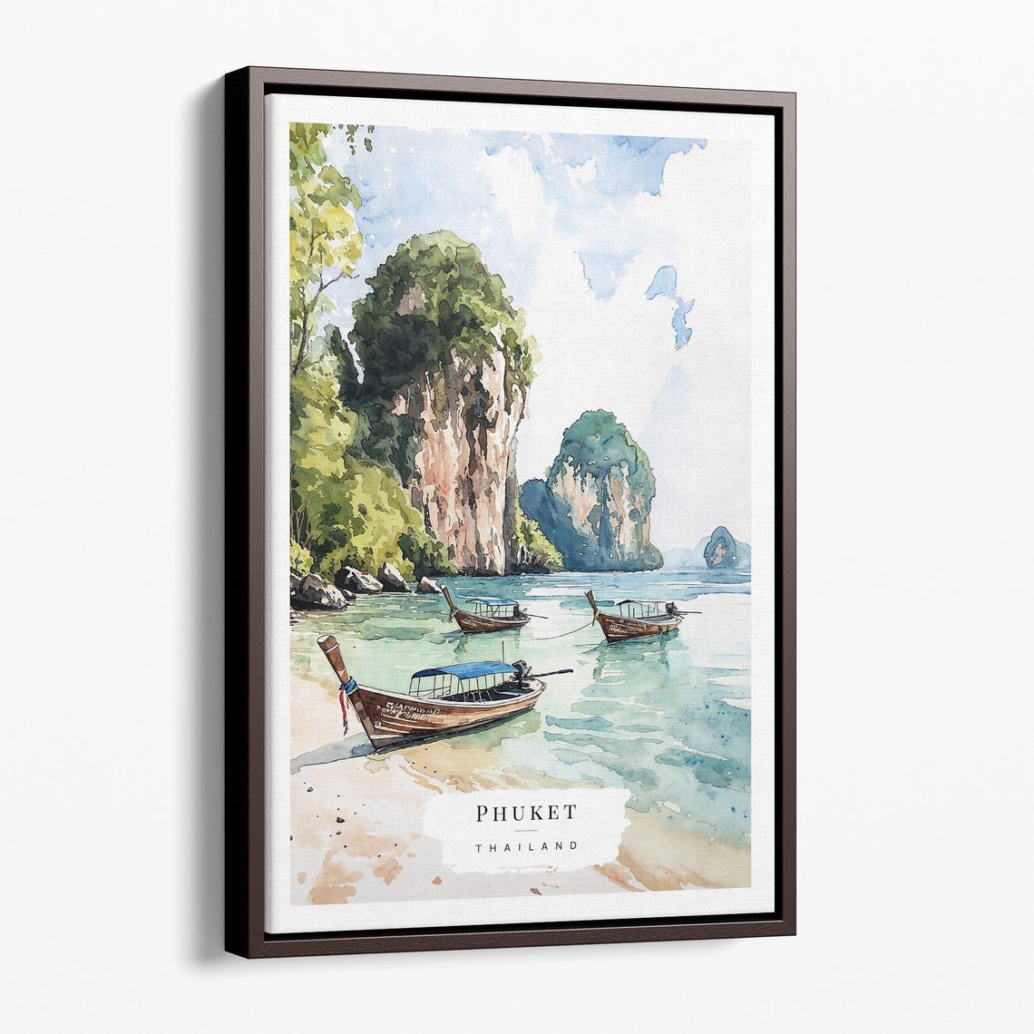 Phuket Thailand Watercolor Longtail Boats Limestone Cliffs Poster