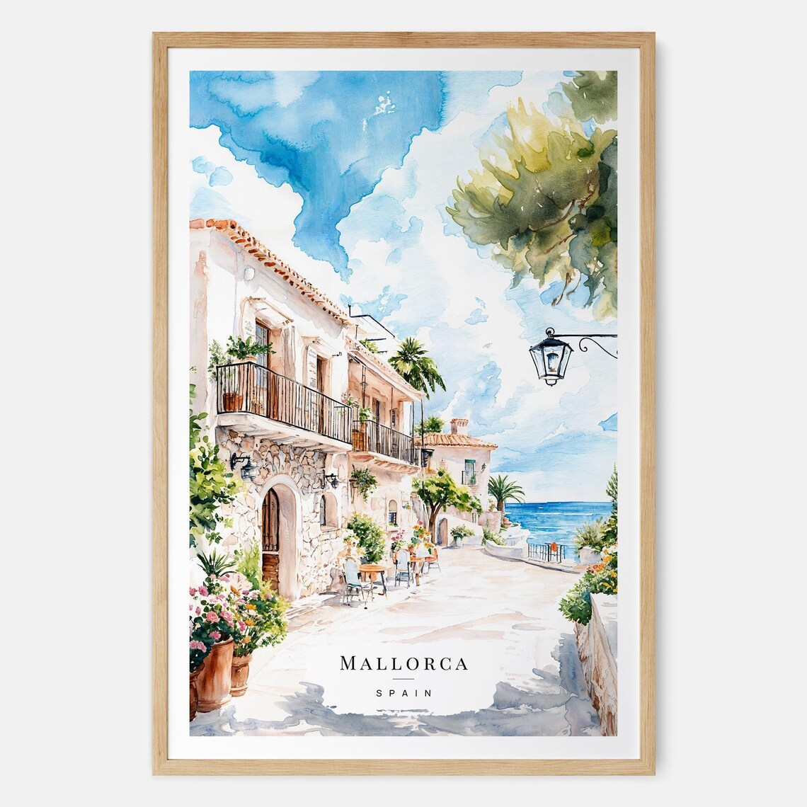Mallorca Spain Coastal Street Balconies Over Sea Watercolor Poster