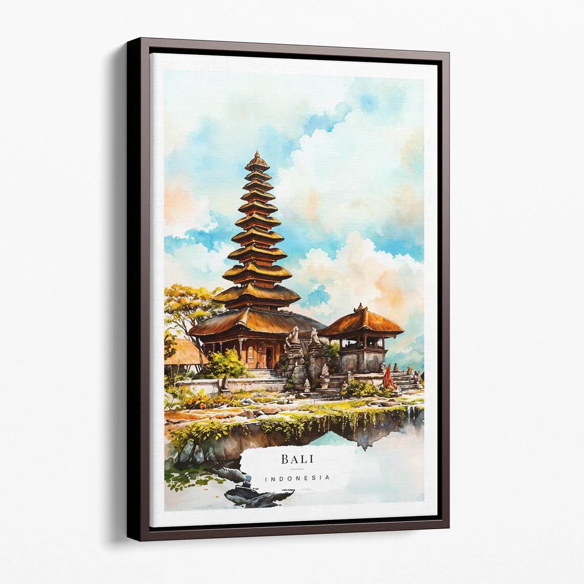 Bali Indonesia Tiered Temple Pagoda Lake Watercolor Travel Poster
