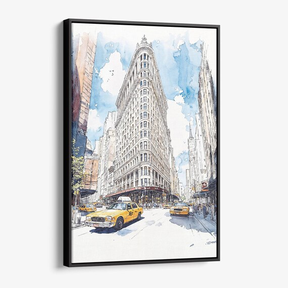 Flatiron Building New York City Watercolor Yellow Taxi Cabs Poster