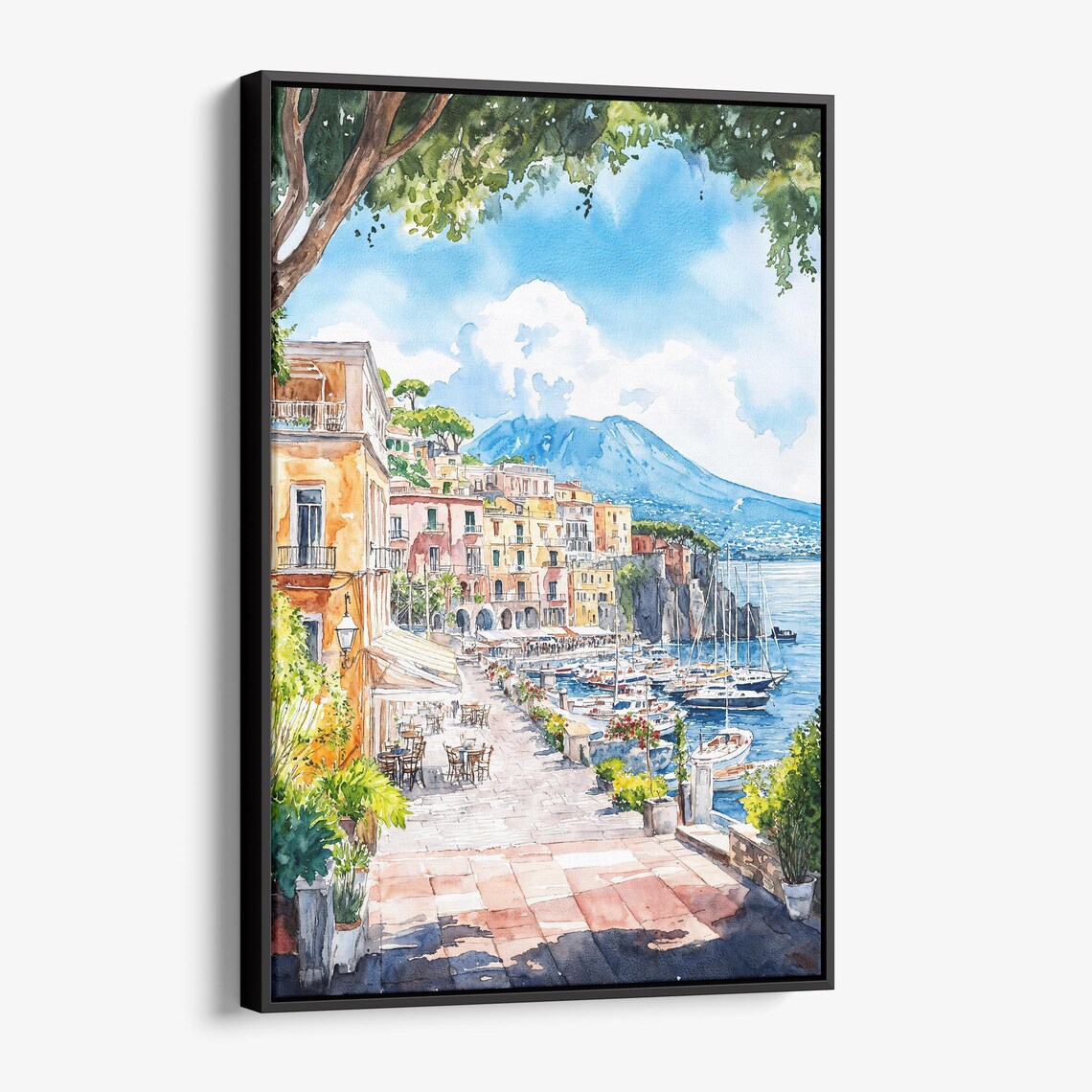 Naples Bay Coastal Town Mount Vesuvius Italy Watercolor Poster