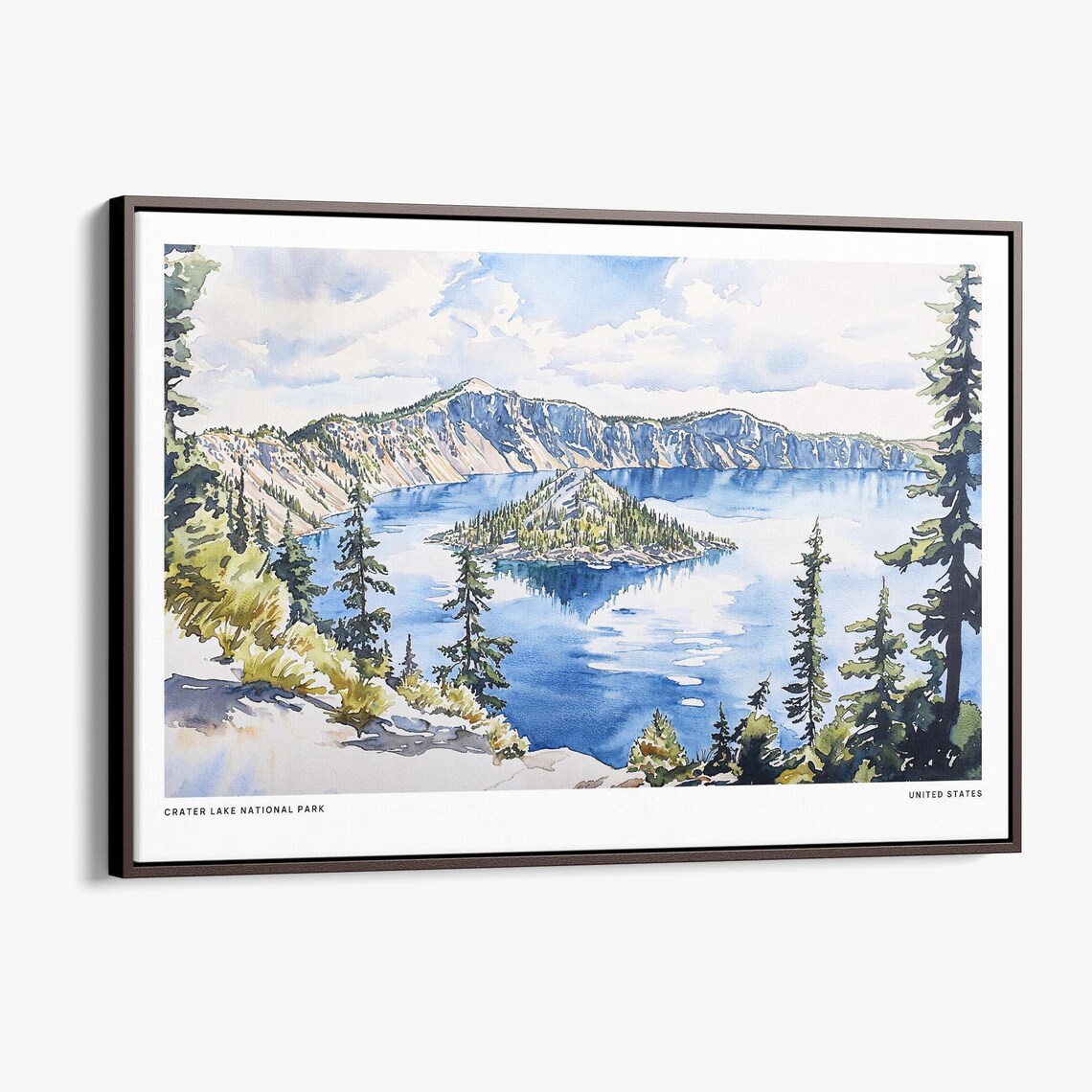 Crater Lake National Park Wizard Island Watercolor Art Poster