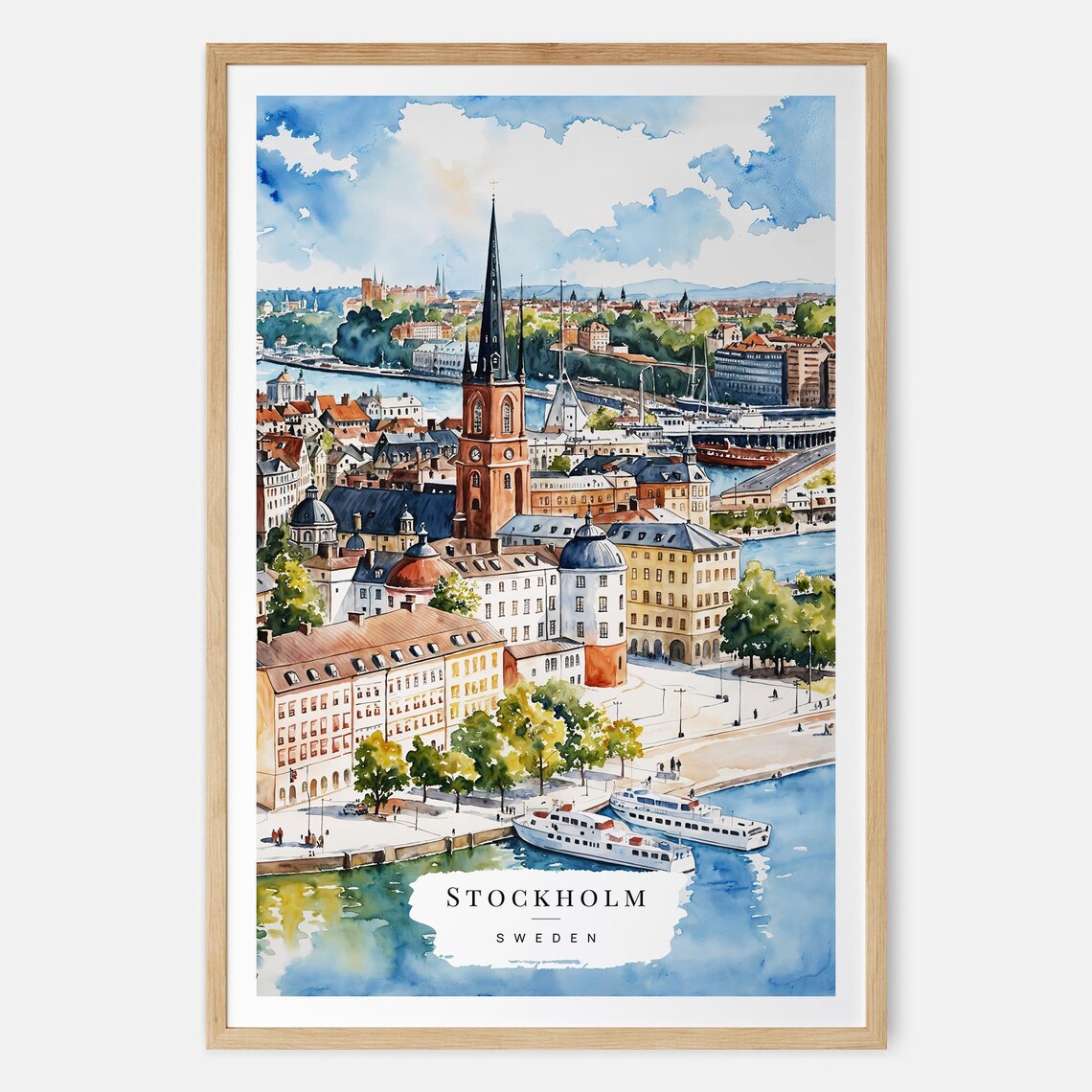 Stockholm Sweden Harbor Skyline Church Spire Watercolor Poster