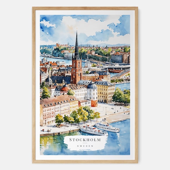 Stockholm Watercolor Art Skyline Poster Cityscape Wall Sweden Travel Print Europe Gift Moving