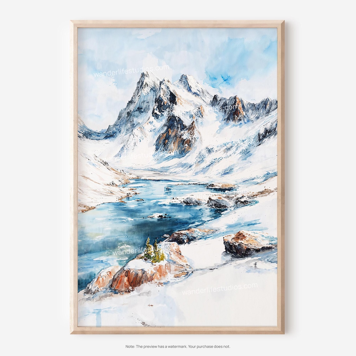 Gates Of The Arctic Snowy Mountain Lake Winter Watercolor Art Poster
