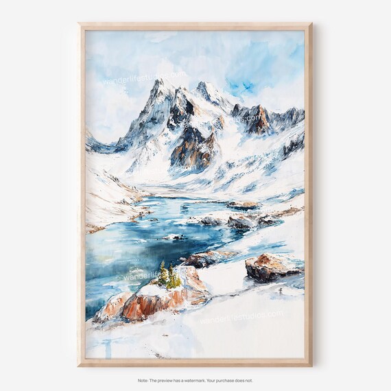 Gates Of The Arctic Snowy Mountain Lake Winter Watercolor Art Poster