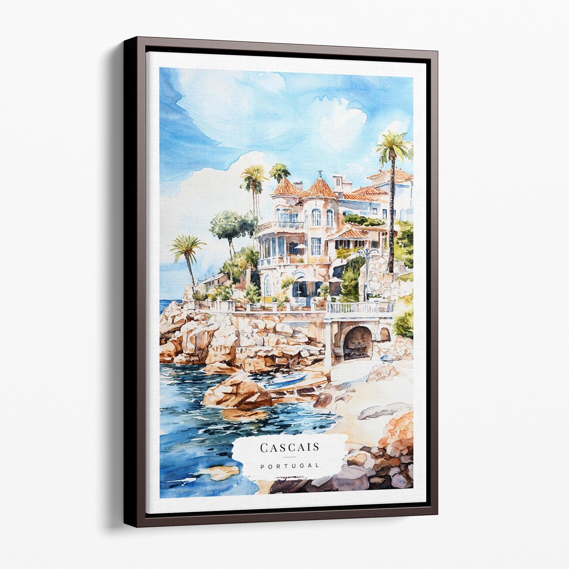 Cascais Portugal Watercolor Cliffside Villa Coastal Art Poster