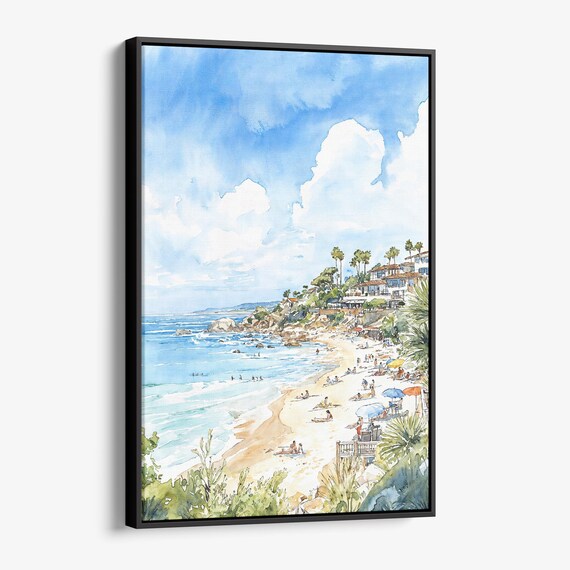 Sunny Beach Umbrellas Cliffside Palm Seaside Watercolor Poster